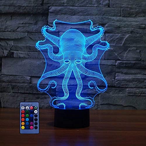 HPBN8 Ltd 3D Tintenfisch Lampe USB-Strom Fernbedienung 7/16 Farben Optische Täuschung 3D LED Lampe Formen Kinder Schlafzimmer Nachtlicht Geburtstag Weihnachten Geschenke