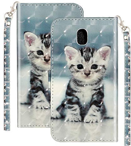 Coque Samsung Galaxy J3 2017 - Étui Portefeuille en Cuir Clapet Antichoc avec Motif Chat Mignon - Housse de Protection avec Pochette pour Cartes