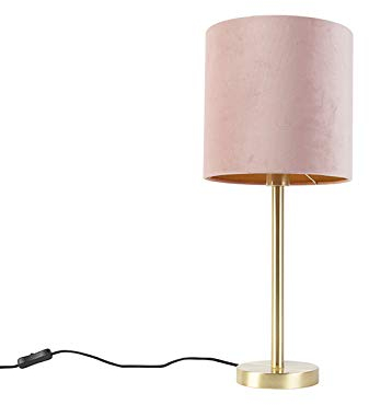 Qazqa - Modern Romantische Nachttischlampe | Tischleuchte I Tischlampe I Lampe I Leuchte Messing mit rosa Schirm 25 cm - Simplo I Wohnzimmer I Schlafzimmer - Textil Zylinder - LED geeignet E27