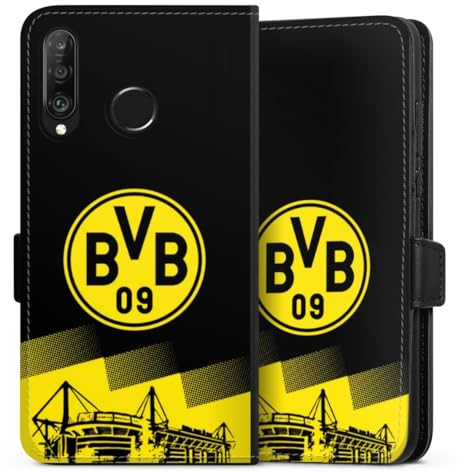 Klapphülle kompatibel mit Huawei P30 Lite New Edition Handyhülle aus Kunst Leder schwarz Flip Case BVB Borussia Dortmund Stadion