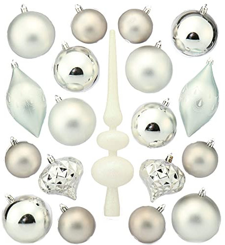 com-four® 19-teiliges Weihnachtsschmuck Set - Christbaumkugeln aus bruchsicherem Kunststoff für Weihnachten - Baumschmuck für den Christbaum (19-teilig - weiß/silberfarben)