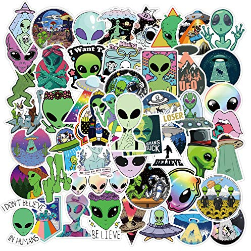 Alien Vinyl Waterproof Stickers - 100 PCS for Laptop, Skateboard, Water Bottles, Computer, Bumper, Phone, Hard Hat, Car - Cartoon UFO Theme, Adults & Kids
