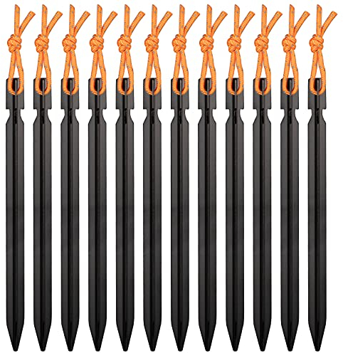 WIFUN 12 Pieces Tent Pegs, Y-shaped Aluminium Alloy Red Campingtent Stake Nail with Reflective Rope for Camping