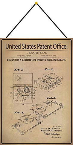 Blechschild mit Kordel 30 x 20 cm United States Patent Office: Design for a Cassette Tape Winding Indicator Means 1969 - Blechemma