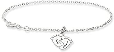 Personalisiertes Armband 925 Silber mit Babyfuß Anhänger als Namenskette, Gravur von Namen oder Datum auf den Baby Füßen