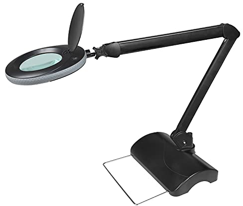Lumeno LED Lupenleuchte 7218SW Lupenlampe mit 127 mm Echtglaslinse, Arbeitsplatzlampe, Kosmetiklampe, geeignet für Kosmetik, Bastler, Lesehilfe Vergrößerungslampe, 8 Dioptrien Schwarz mit Tischstativ