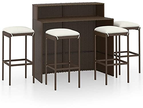 Susany 5-TLG. Gartenbar Set mit Kissen Gartenmöbel Theke Bar Tresen Gartentheke Bartisch Stehtisch Barhocker Barstuhl Poly Rattan Braun