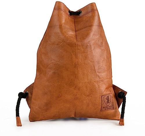 Berliner Bags Vintage Turnbeutel Gym Bag aus Leder, Sportrucksack mit Kordelzug für Damen und Herren - Braun