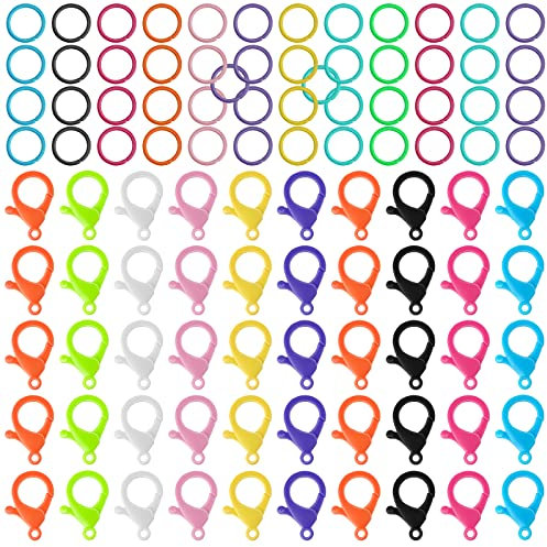 Yolev 100 Pieces Hard Plastic Multicolor Lobster Claw Clasps and Open Jump Rings Cute Lanyard Snap Hooks for Key Chain Ring Toy Chain Clasp DIY Handmade Crafts
