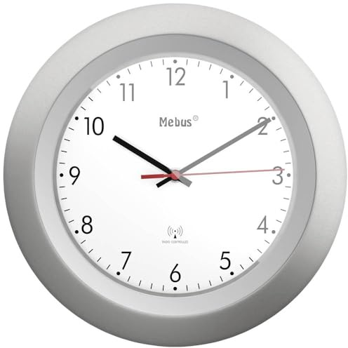 Mebus Radio Controlled Wall Clock, Classic Model, Silver Frame, White Dial, 29 cm Diameter, Round, Radio Controlled Clock (DCF77), Model: 19448, Colour: Silver, White