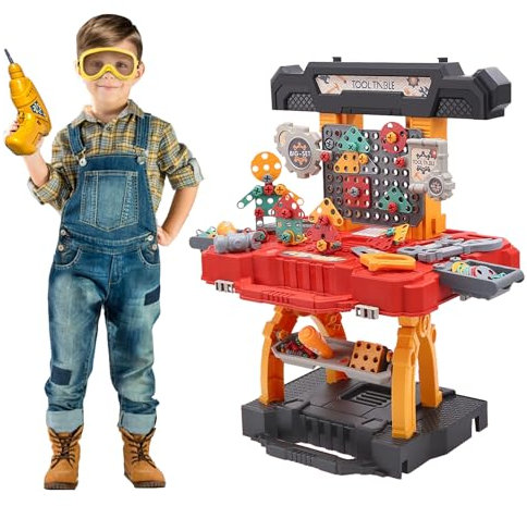 COO11 Kids Tool Bench Playset - Large Workbench with Electric Drill, Screwdriver, Hammer, Saw, Creative Puzzle Board & Carry Case - Construction Engineering Toy for Boys & Girls Ages 3+ Years