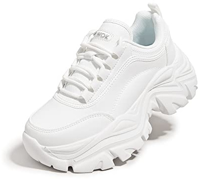 K KIP WOK Baskets épaisses pour femme - En cuir blanc - Style décontracté - Confortables - Pour la marche et le sport, blanc, 37 EU