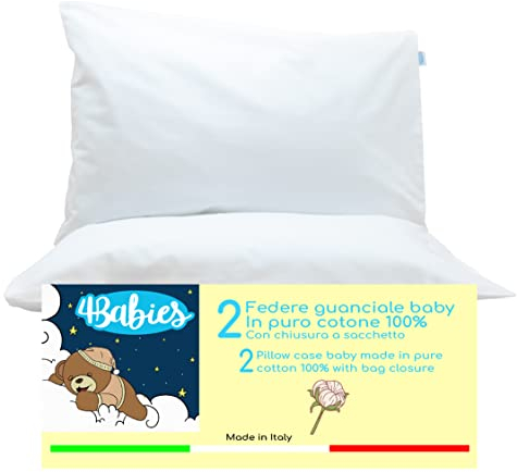 4BABIES-Kissenbezüg 40x60 Kinder - 2er Set Kopfkissenbezug mit Beutelverschluss 100% Reiner Baumwolle -Made in Italy- ÖEKO-TEX Zertifiziert - WEIß