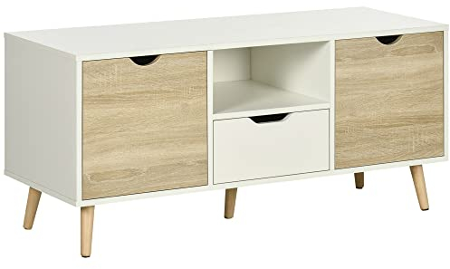 HOMCOM Mobile Porta TV max 50 Moderno con Cassetto, Ripiano Aperto e 2 Armadietti, Mobile TV con 5 Gambe in Legno di Pino, 110x40x50 cm, Bianco e Colore Legno