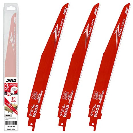 JMD 3-Pack 9 Inch 6TPI Carbide Reciprocating Saw Blades for Nail-Embedded Wood Carbide Scorpion Saw Blades Wood Metal Compatible with Milwaukee Makita Dewalt Ryobi etc