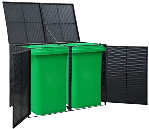 Tidyard Abris pour Poubelle sur roulettes à 2 Poubelles Résine tressée Abri de Stockage Jardin Noir 148x80x111 cm