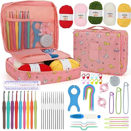 Aeeque Häkelset für Anfänger, Ergonomische Häkelnadel Set mit Wolle, Häkelnadel Tasche mit TPR Häkelnadeln, Metal Häkelnadeln, Häkeln Set für Socken, Pullover, Granny Square, Schal