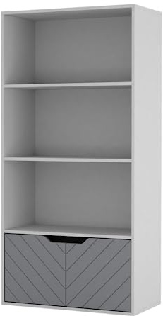 URBNLIVING 4 Tier Wooden Bookcase Cupboard with 2 Line Design Doors Storage Shelving Display Cabinet Unit White Line Doors Grey Pack of 2