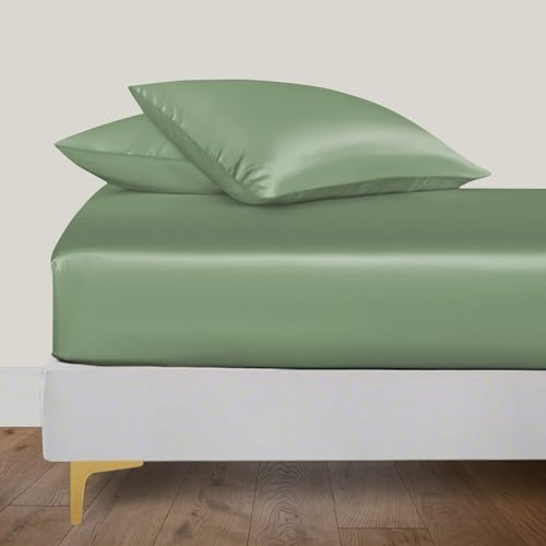 LINENWALAS Spannbetttuch aus 100% Bio-Bambus Seide 140x200 cm, Tiefe Tasche bis 40 cm weich, Öko-Tex-zertifiziertes kühlendes Bambus-Bettwäsche-Set Spannbetttuch mit Kissenbezug (Avocadogrün)