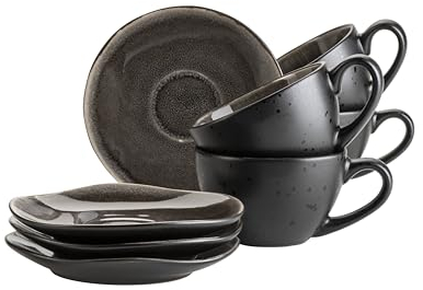 MÄSER 934071 Serie Niara Organic - Set di tazze da caffè per 4 persone, in stile vintage, 8 pezzi, con particolare combinazione di smalti in nero e marrone, in gres