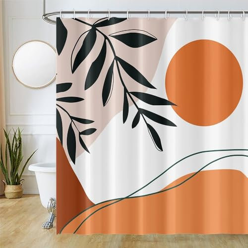 Rideau Douche Anti Moisissure, Uiiooazy Rideau de Douche 180x180cm Terracotta Orange Soleil Abstrait Feuilles Noir Rideaux de Baignoire Tissu Lavable Imperméable Rideaux Salle de Bain avec 12 Crochets