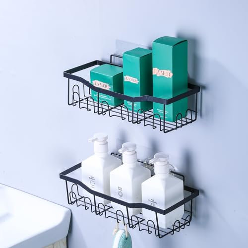 FANTICDE Bathroom Shelf Organiser,No Drilling Shower Caddy,Adhesive Shower Storage Rack, Bathroom Accessories with 10 Hooks,Black(2-Pack)