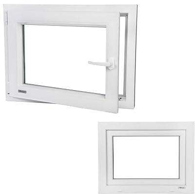Kunststofffenster PVC Wärmedämmend Fenster Garagenfenster Kellerfenster Billig Günstig Alup Neo Energeto Dreh Kipp 2-Fach Verglasung Innen und Außen Weiss 105x40cm 1050x400mm DIN Links Hersteller