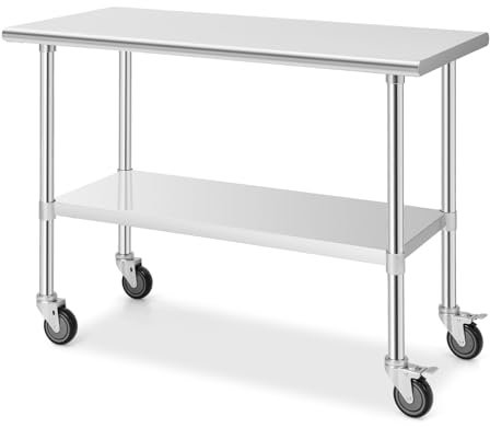 GIANTEX Mesa de Acero Inoxidable con Ruedas Universales, Carrito de Trabajo con Sobremesa Amplia y Estante Inferior Ajustable, Mesa de Preparación de Metal Móvil para Cocina, Restaurante