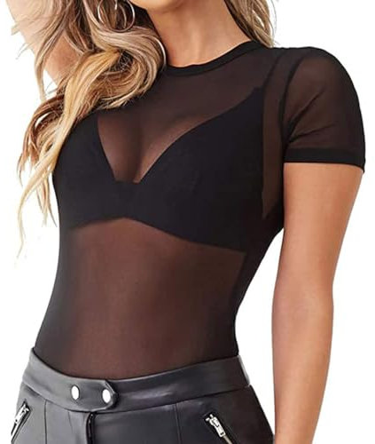 EMOTTOS Mujeres Sexy Tops de encaje, Slim Fit Tul transparente de malla de manga corta, cuello redondo ver a través de camisas para las mujeres, Mujer Sexy Leotardo Clubwear(B1-BLACK)