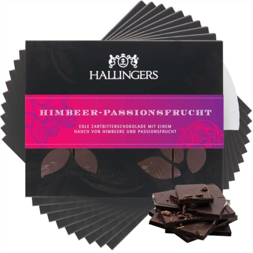 Hallingers Genuss Manufaktur Vegane Schokolade Geschenk - Tafel handgeschöpfter Edelkakao ohne Alkohol edler Karton 10x Himbeer-Passion... Himbeer-Maracuja, Geschenkidee für Frauen Männer