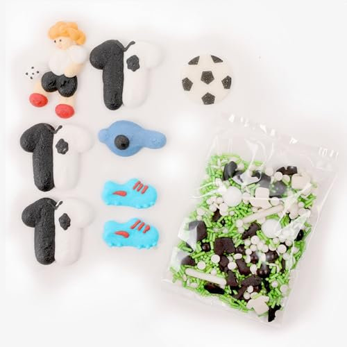 Zuckerfiguren Fußball Set - 3 Trikots, Spieler, Pfeife, Fußballschuhe, Fußball & Streudekor - Zum Backen von Cupcakes & Muffins, ideal für Fußball Partys, Kindergeburtstage & Einschulungen