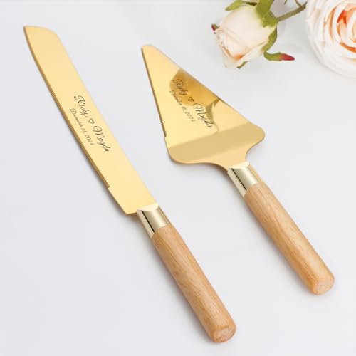 TUKDAK Personalized Cake Cutting Set for Wedding, Gold Silver Cake Knife and Server Set, Stainless Steel Custom Cake Serving Set, Engraved Pastry Pie Pizza Cutter Anniversary Christmas(Gold Oak)