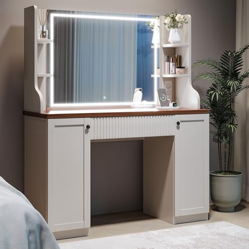 Dripex Schminktisch mit Beleuchtung, moderner Schminktisch mit Spiegel, Dressing Table mit Steckdosenleiste, 3 Farben mit Einstellbarer Helligkeit, Vanity Desk für Make Up Dressing, Vintage Braun