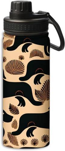 Botella de agua de acero inoxidable de 18 oz con diseño de perro salchicha negro sobre fondo marrón, con aislamiento al vacío, doble pared, a prueba de fugas, botella de agua deportiva, taza térmica p