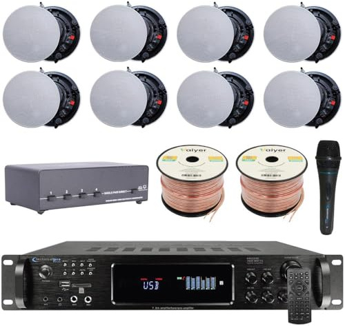 Vaiyer Home Theater System Kit - 7.2 Channel 4500 Watts Bluetooth Amplifier w/ 8 Qty of 6.5 Frameless Ceiling Speakers 200W Each, 4-Ch Speaker Selector, Mic, 16 AWG 500 ft Speaker Wire & Remote