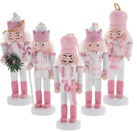 CARMELIT 5 Pcs Pink Christmas Nutcracker Wooden Nutcracker Soldier Figure Traditional Nutcracker Ornaments Pink Christmas Decorations for Shelves and Tables