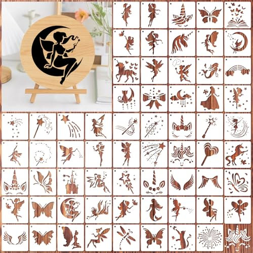 OOTSR 64stk Bastelschablonen mit Feen,7.6cm Wiederverwendbar Kunststoff Zeichenschablonen Malschablonen Scrapbooking Holz Deko