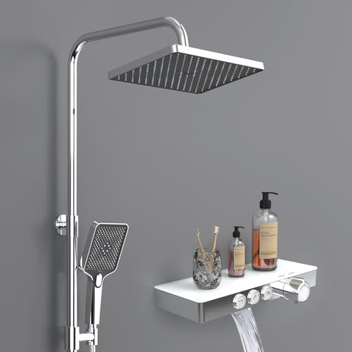 EMKE Colonne de Douche Thermostatique, 1127x460x360mm, Douche Pluie, Douche Manuelle 3 Fonctions, Hauteur Ajustable 812-1142mm, Chromé, Corps en Cuivre et Panneau en Verre, Design Moderne
