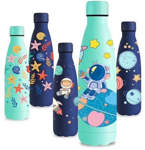 Vikastar Botella Termica, 0.5L Sin BPA, Botella Agua Acero Inoxidable, Reutilizable, Cantimplora, a Prueba de Fugas, Doble Aislamiento, Botella de Agua para Niños, Deportes, Verde - Astronauta