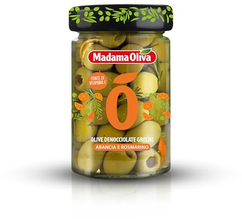 Madama Oliva Olive Verdi Denocciolate Greche 140g, Varietà Halkidiki, Gusto Arancia e Rosmarino, Lavorazione Castelvetrano, Confezionate in Salamoia, Sapore Intenso e Aromatico