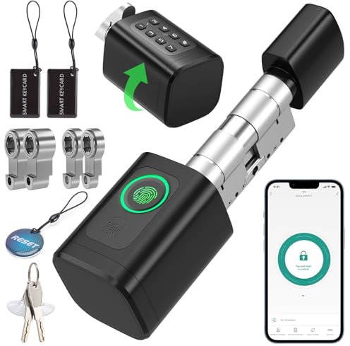 FITNATE Huella dactilar Smart Lock, cerradura electrónica para puerta de casa, cilindro ajustable de 60 – 80 mm, abrir con huella digital, contraseña, RFID, aplicación, Bluetooth, llave