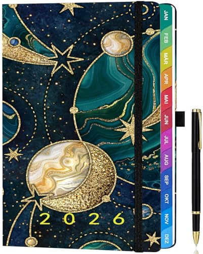 Kalender 2026 A5 Deutsch – Wochenplaner & Terminplaner mit Monatsübersicht, Januar bis Dezember 2026, mit bunten Monatsregistern, farbenfrohen Innenseiten, Innentasche & Stift - Planet