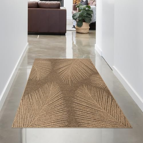 CARPETIA Teppich Schlafzimmer Teppichläufer Flur Gang Innen- Außenraumteppich wetterfest in zeitlosem Blättermuster in Beige Braun 60 x 180 cm