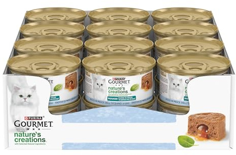 GOURMET NATURE'S CREATIONS Cuore di Salsa Cibo Umido per Gatti Adulti Mousse con Pesce dell'Oceano guarnita con Spinaci 12 lattine da 85g