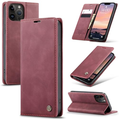 Lanranwa Handyhülle für iPhone 13 Pro Max 5G Hülle Premium Lederhülle Klappbar Flip Case Handytasche Schutzhülle Klapphülle Standfunktion für iPhone 13 Pro Max -Weinrot