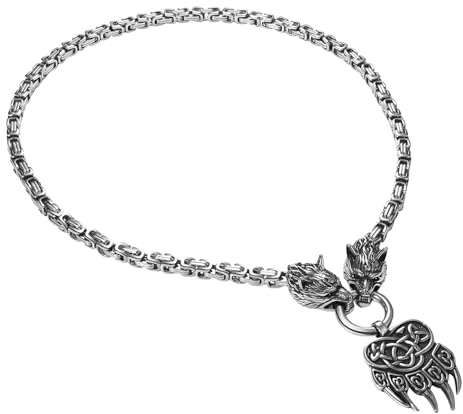 OIDEA Herren Wikinger Halskette mit Königskette: Schwer Punk Rock Wolfskopf Thors Hammer Anhänger Wolf Kopf Odin Bärenklaue Nordisch Viking Schmuck Geschenk für Männer Freund Vater