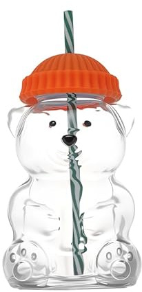 NSXIN Gläserner Teddymug-Becher mit Deckel & Strohhalm – Weihnachts-Bärchen mit Mütze für Milch, Kaffee, Eiskaffee und kalte Getränke