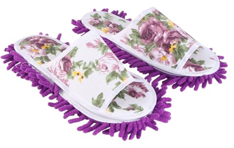 1 Pair Washable Chenille Canvas Mop Slippers for Home Cleaning | Purple Sole, Quiet Walking Feel, Floor Protection, One Pair, Wearable Indoors