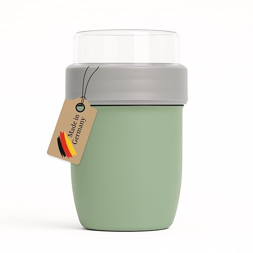 MEBY Müslibecher to go – Auslaufsicherer Joghurt- & Snackbecher mit Unterteilung, BPA-frei, Mikrowellen-, Gefrier- & Spülmaschinengeeignet, Made in Germany, 500 ml + 150 ml (Grün)
