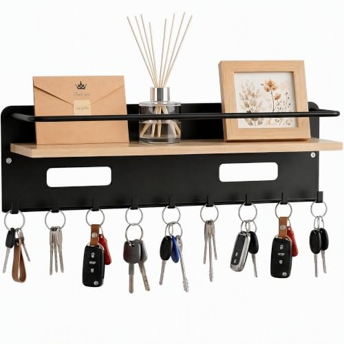 HOMIKLSA Porte-Clés Mural en Bois avec Fente pour Courrier et Étagère, Organiseur Multifonction avec 8 Crochets, Noir/Naturel déal pour couloir entrée et bureau